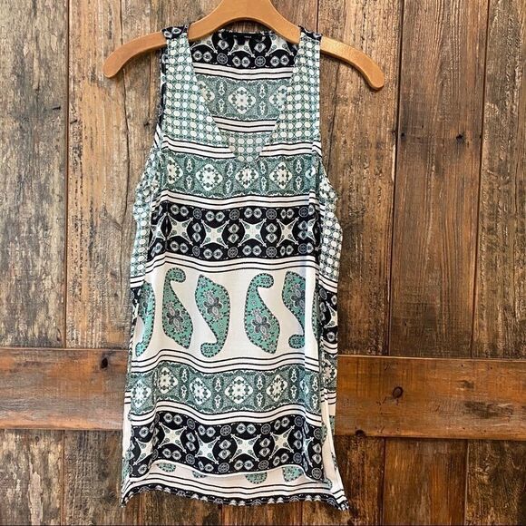 Olivaceous S Green Black Paisley Flowy Sleeveless Summer Relaxed Side Slit Top - Picture 2 of 8